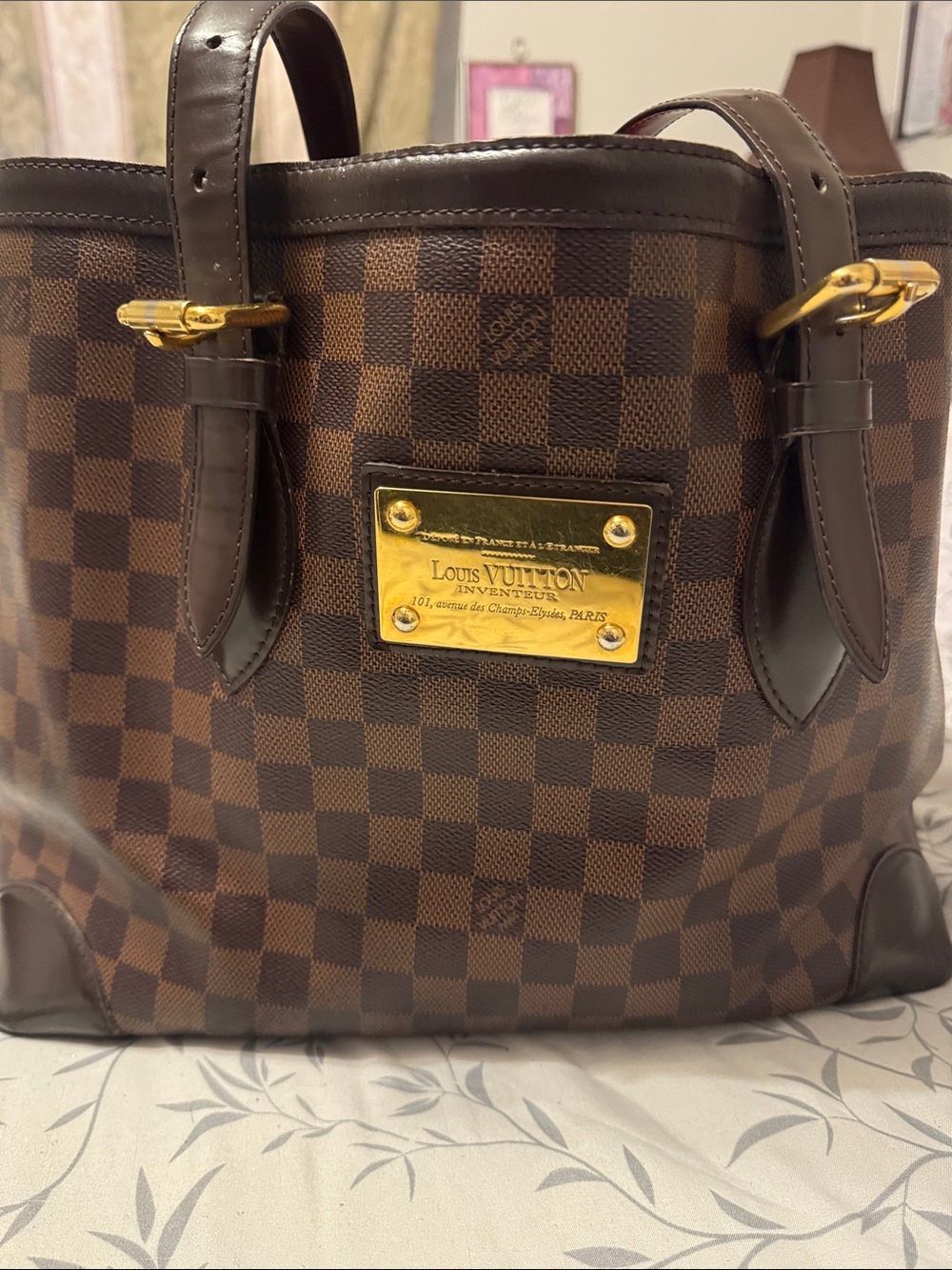 Louis Vuitton Dark Brown Damier Ebene Canvas Tote with Gold Plate